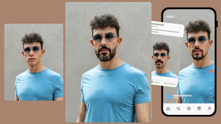 Utilisation du filtre barbe de PiktID sur une image d'un homme en t-shirt bleu, lunettes de soleil et cheveux bouclés