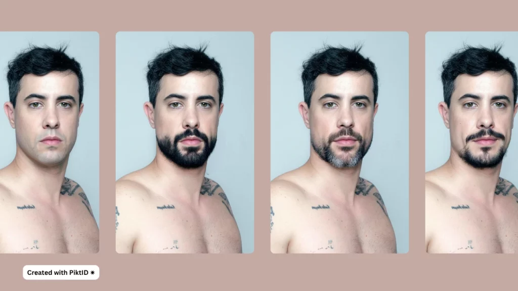 Four images of a shirtless man with tattoos and different styles of beard created using PiktID's beard filter