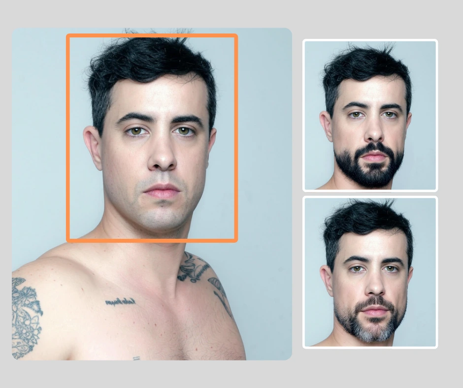Scaled up image of a man with tattoos around an orange box and on the right we have two images of the same person with beard