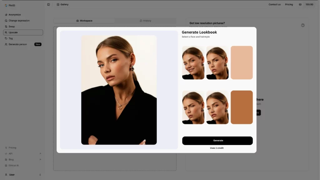 Generate Lookbook screenshot of the interface of PiktID while a popup show casing a blonde girl in black blazer