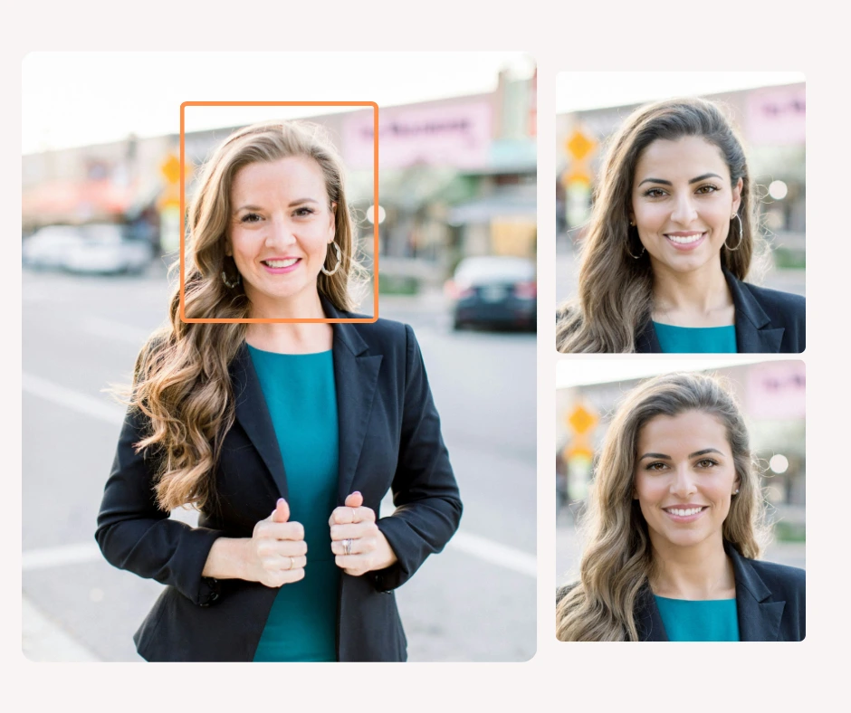 A large image of a young blonde woman in a blue blazer and teal top, next to it are two images on the right with different identities