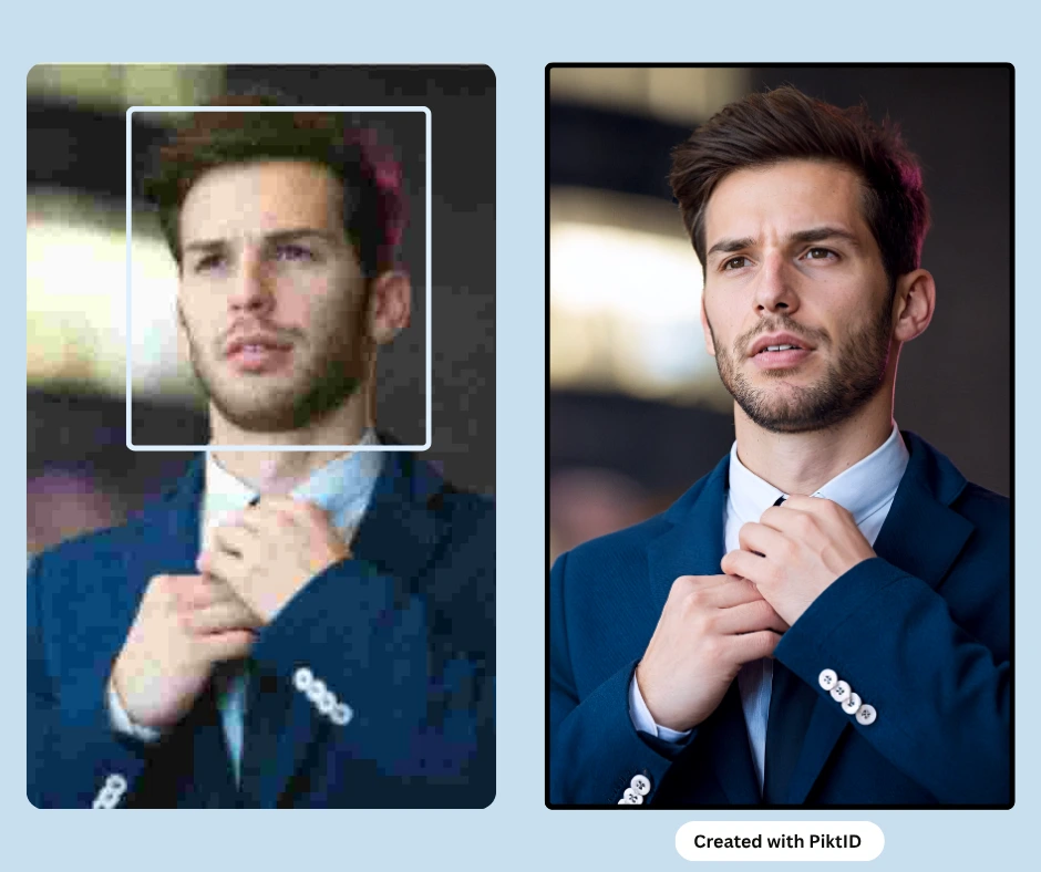 Comparison of two images of a man adjusting tie of his blue suit while using online photo enhancer