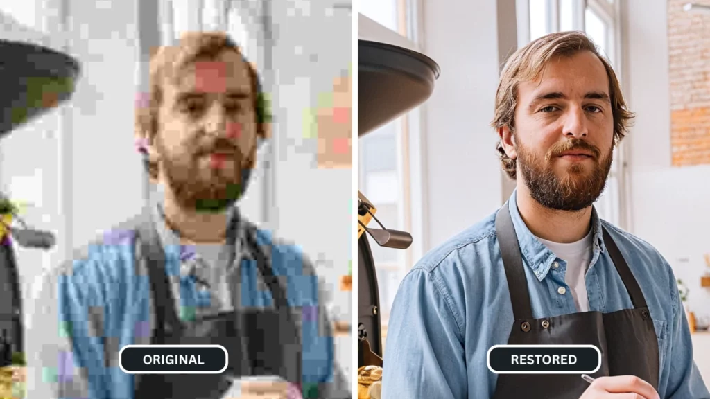 Bearded man in denim shirt and black apron pixels restored using Upscale by PiktID