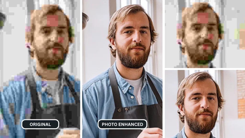 Middle aged man in brown beard and hair closeup comparison of original and enhanced photo by using Upscale