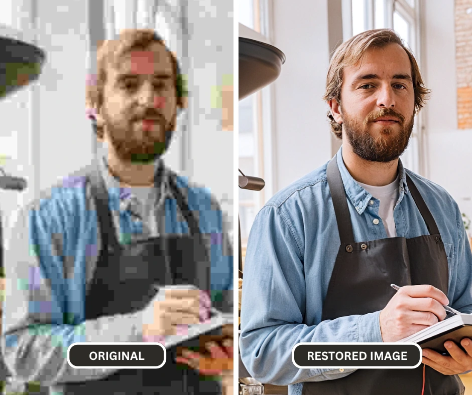 Using photo restoration app named Upscale by PiktID on an image of a bearded man holding a book