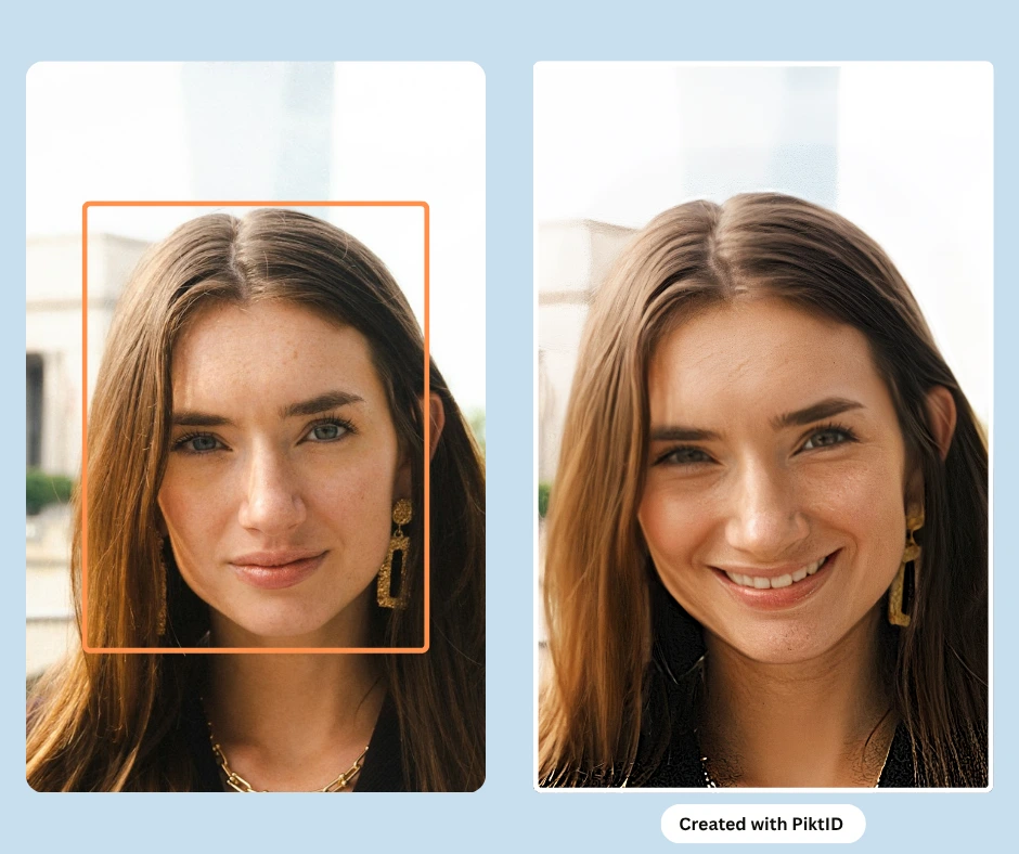Side by side comparison of an image of a young girl in black outfit and golden earrings