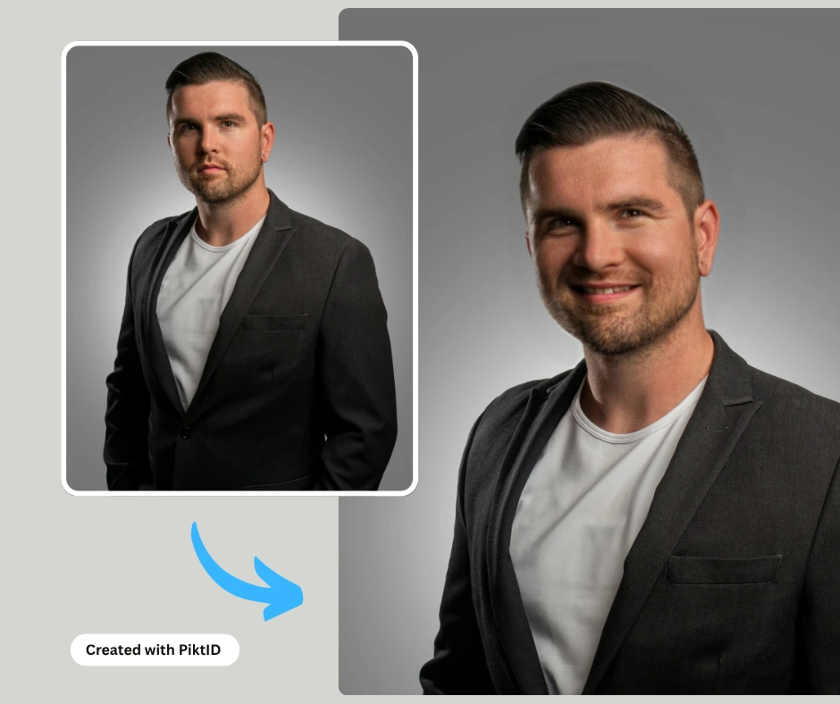 Using PiktID as the Smiley Face App on an image of a man in grey suit and white t-shirt smiling after modifying expressions