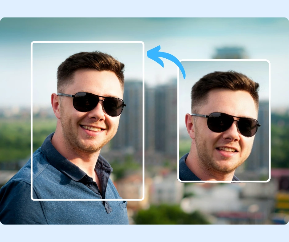 Redoing an image of a man in black aviators and blue t-shirt smiling by using a Smiley Face App