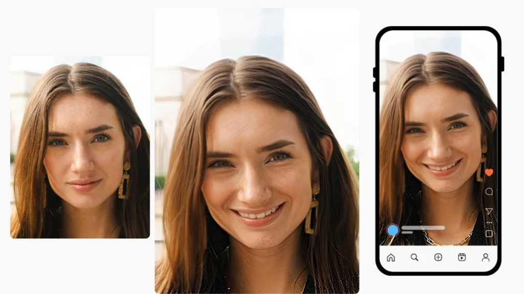 The best Smiley Face App PiktID, changing expressions of a young woman in brown hair and earrings being uploaded to a preset of social media