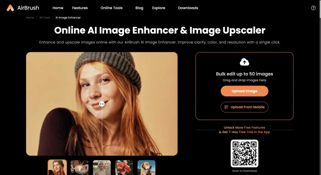 Screenshot of HomePage image of AirBrush which is an Online AI image enhancer and image upscaler