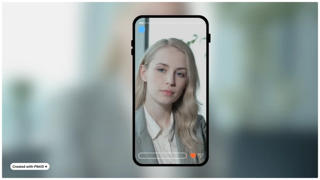 Blurry background image with an image preset of a mobile phone with a young blonde woman in suit
