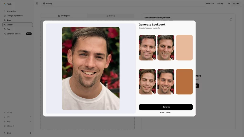 Screenshot of the PiktID platform using SwapID feature with Generate Lookbook where we can see four images of different guys in the same outfit