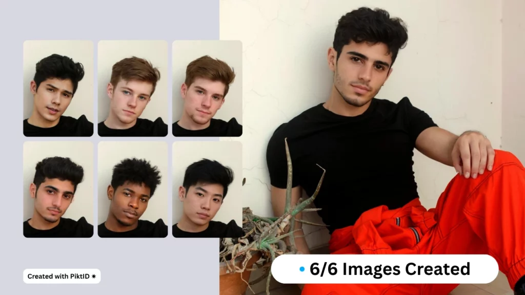 A collage of six portrait photos featuring young men with diverse hairstyles and skin tones, all wearing black shirts. The background is a solid light gray color, and the images are arranged in a grid layout. One individual on the right is holding a plant with red pants, created with PiktID.