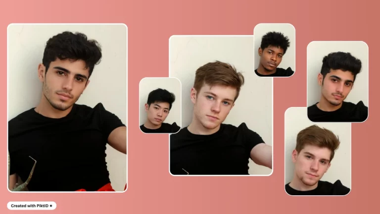 Collage de six portraits de jeunes hommes aux coiffures et aux carnations variées, tous vêtus de chemises noires. Le fond est d'un rose uni, et les images sont disposées de manière superposée. Un individu à gauche tient une plante et porte un pantalon rouge, créé avec PiktID.