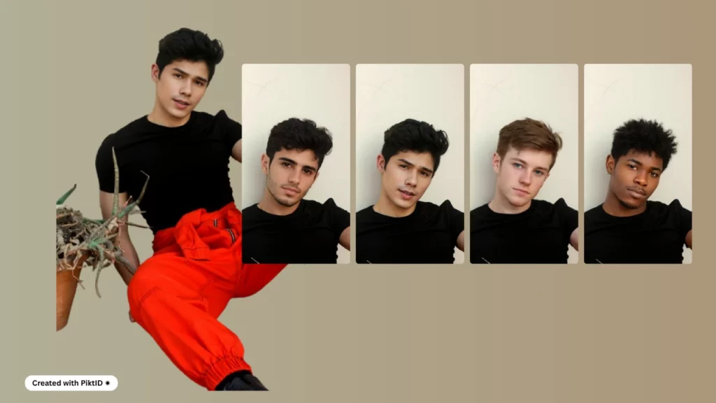 A collage of six portrait photos featuring young men with varied hairstyles and skin tones, all wearing black shirts. The background is a solid beige color, and the images are arranged in a horizontal layout. One individual in the center is sitting with red pants and a plant, created with PiktID.