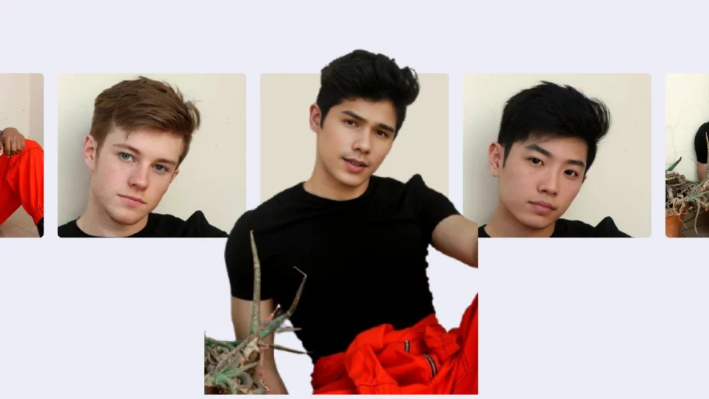 A collage of five portrait photos featuring young men with different hairstyles and skin tones, all dressed in black shirts. The background is a soft purple hue, with images neatly aligned in a circular pattern. The collection was crafted using PiktID.