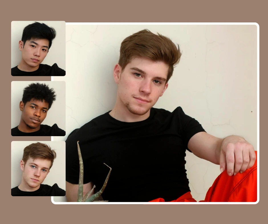A collage of four portrait photos featuring young men with varied hairstyles and skin tones, all wearing black shirts. The background is a solid brownish color, and the images are arranged in a vertical layout. One individual in the center is sitting with red pants and a plant, created with PiktID. Insert face.