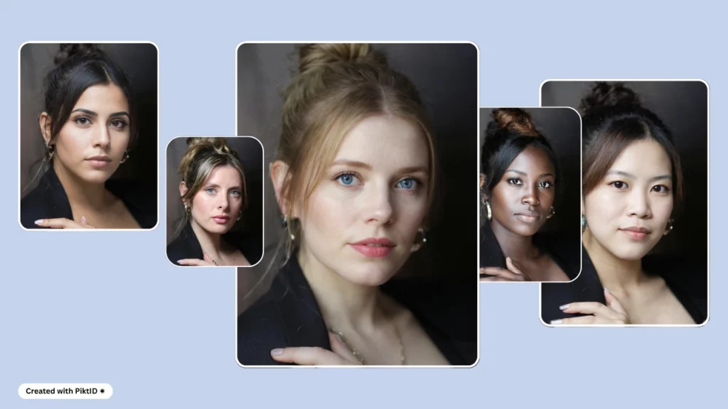A collage of five portrait photos featuring young women with different hairstyles and skin tones, all wearing black tops. The background is a solid light blue color, and the images are arranged in a grid layout. The photos were created with PiktID.