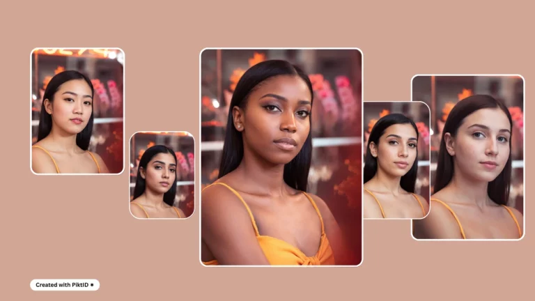 Cinq images de tête d'une femme en robe orange d'origines différentes créées à l'aide du générateur humain AI par PiktID