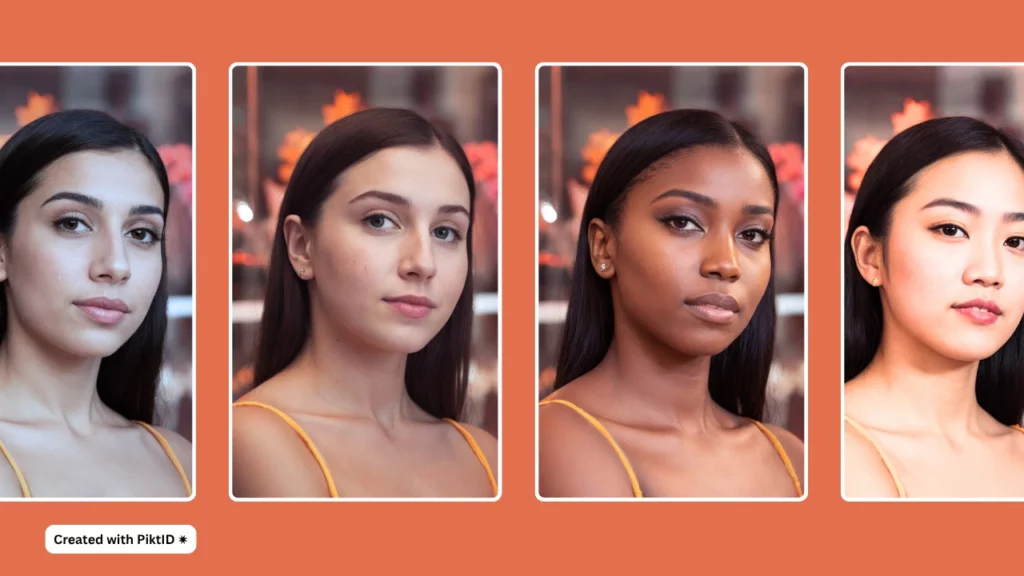 Four side by side images of a young woman in orange dress and black hair, created using PiktID using AI human generator