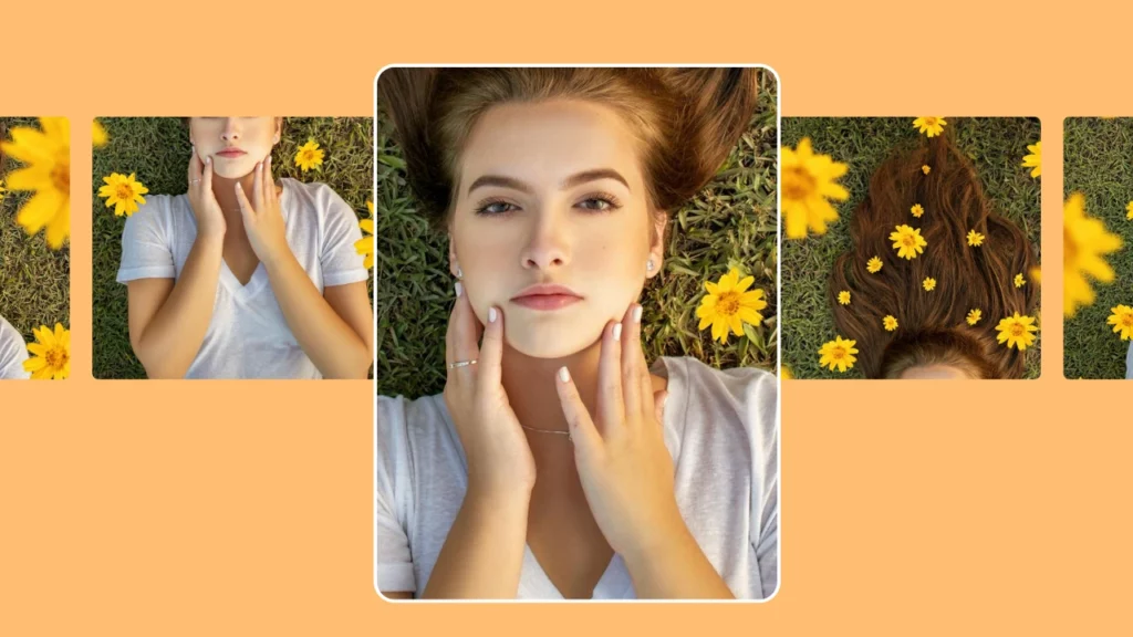 Short album images aligned next to each other and in the center a closeup image of a young girl in white