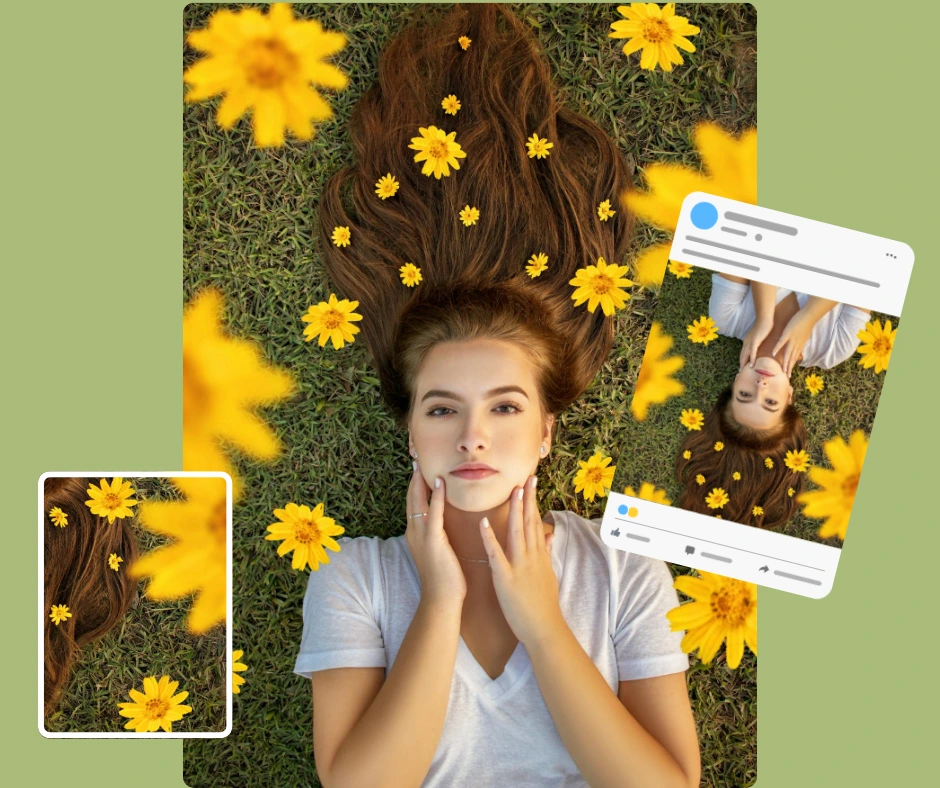 Social media preset of a young girl in white top, while yellow flowers are falling from the sky
