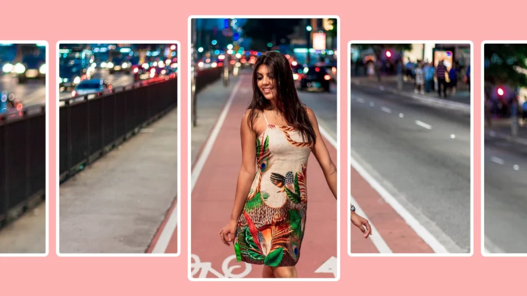 A woman in floral dress walking on the streets of a city, the image is being expanded using PiktID's AI image extender