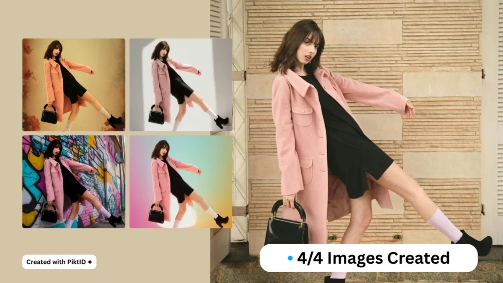 4 images created using PiktID of a girl in short hair and pink coat with different backgrounds
