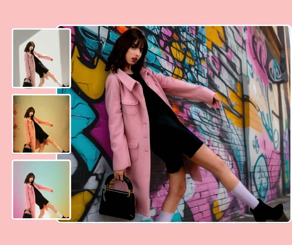 Young woman in pink coat and black dress next to a graffiti wall and on the left side 3 images stacked upon each other with different backgrounds