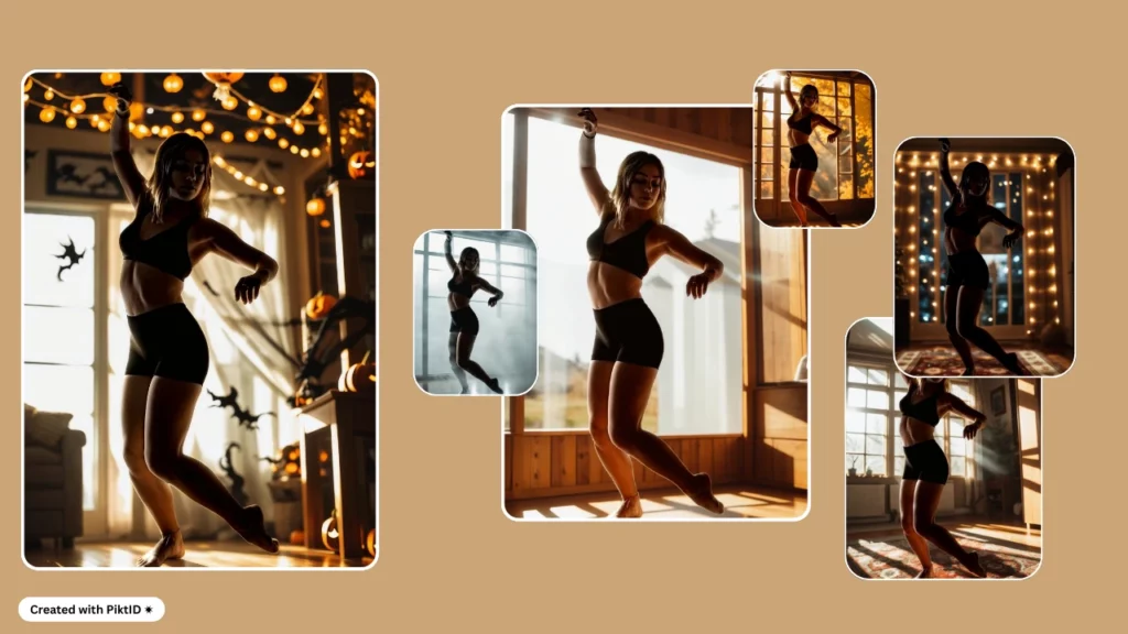 Six images created using PiktID, of a young woman in black gym outfit doing yoga in different backgrounds