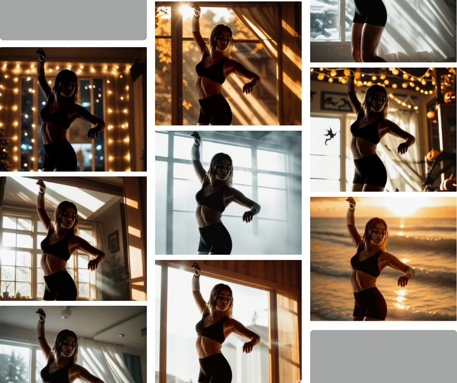 Athletic woman in black gym outfit dancing in various indoor settings with dynamic lighting — from sunrise to dramatic backlight — showcasing AI-generated background variations for fitness photography.
