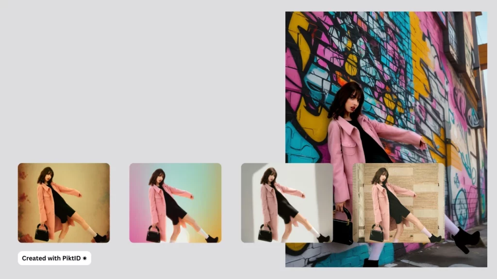 Short-haired model in a pink coat and black outfit featured across creative AI backgrounds — from abstract pastels to graffiti murals — illustrating the use of AI for automated fashion lookbook visuals.