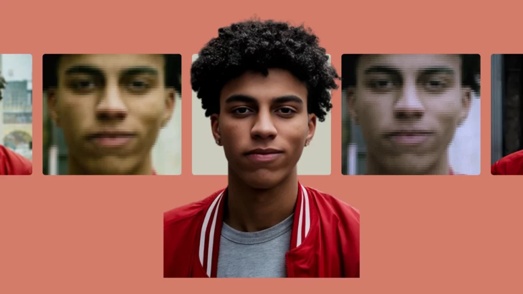 A scaled up image of a man in red jacket with a transparent background and next to the center image on the left and right the same guy's head shot blurry image