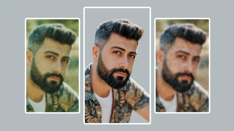 Utilisation de l'amélioration du visage par PiktID sur une image d'un jeune homme en chemise à fleurs et t-shirt blanc au centre et à côté de l'image à gauche et à droite deux images du même homme dans des images floues et déformées