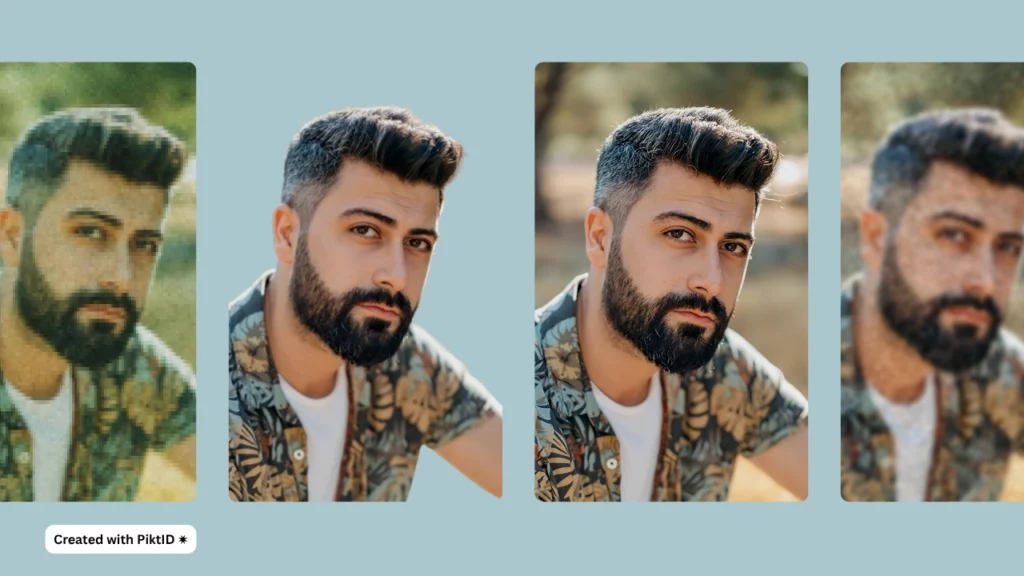 Using face enhance by PiktID on an image of a mid-aged man with black bearded and colored shirt, there are four images of the same guy two images in the center show a transparent background and garden background with crystal clear image quality while the other two images on the extreme left and right are blurry and pixelated original images