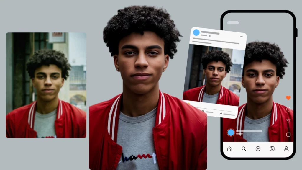 On the extreme left a small sized image of a boy in de-focused image, in the center the same boy in curly hair and red jacket with transparent background with a clear image quality and on the right two images overlapping each other using a social media preset of instagram using the enhanced image of the boy