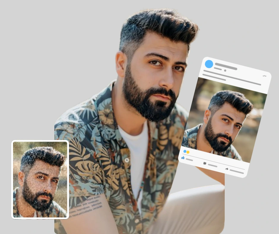 Using face enhance by PiktID a blurry image of a bearded guy on the left bottom corner, in the center the same guy's enhanced and upscaled image showing more details of the guy and on the right a social media preset used to show how the image would look online