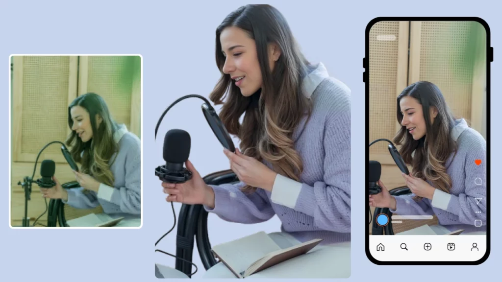 Using an Instagram preset and upscale image of a girl in purple sweater holding a mic and on the left the same girl in a blurry and distorted image