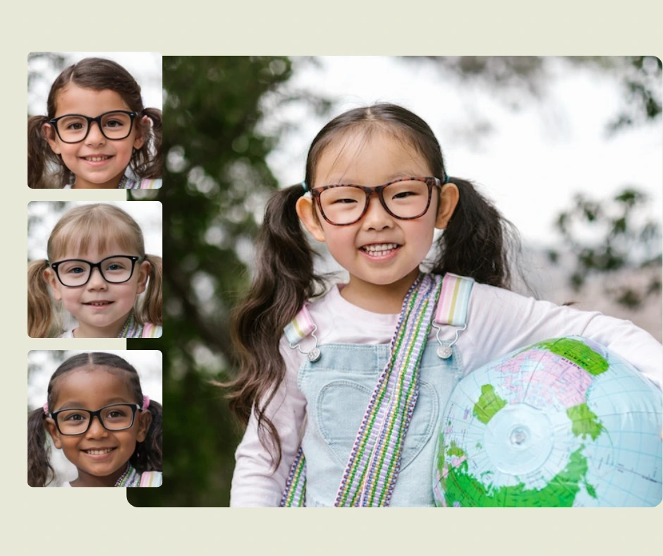 A little girl in eyeglasses and pony holding a globe on the right side and on the left side 3 identical images stacked one upon other of girls in different ethnicities