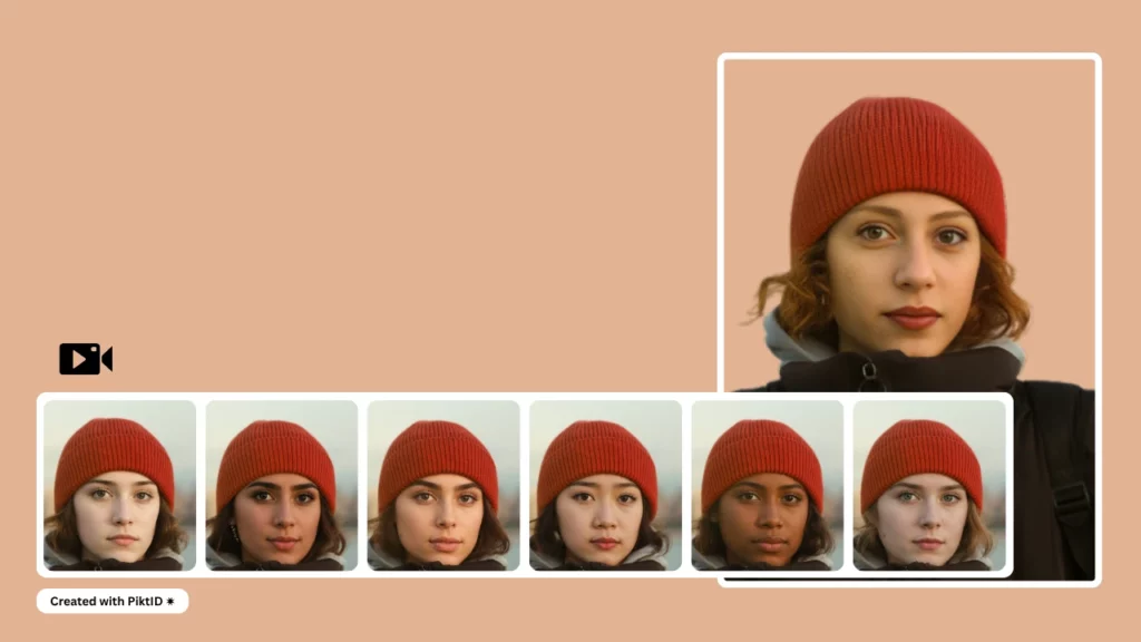 Using PiktID's face replacer, on an image of a young woman on the right and below the image in a 6 image grid the face swapped images of the girl