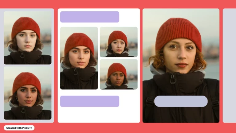Using PiktID's Swap feature as a face replacer for a woman in red beanie and black coat with five other images of different faces and origins in the same outfir