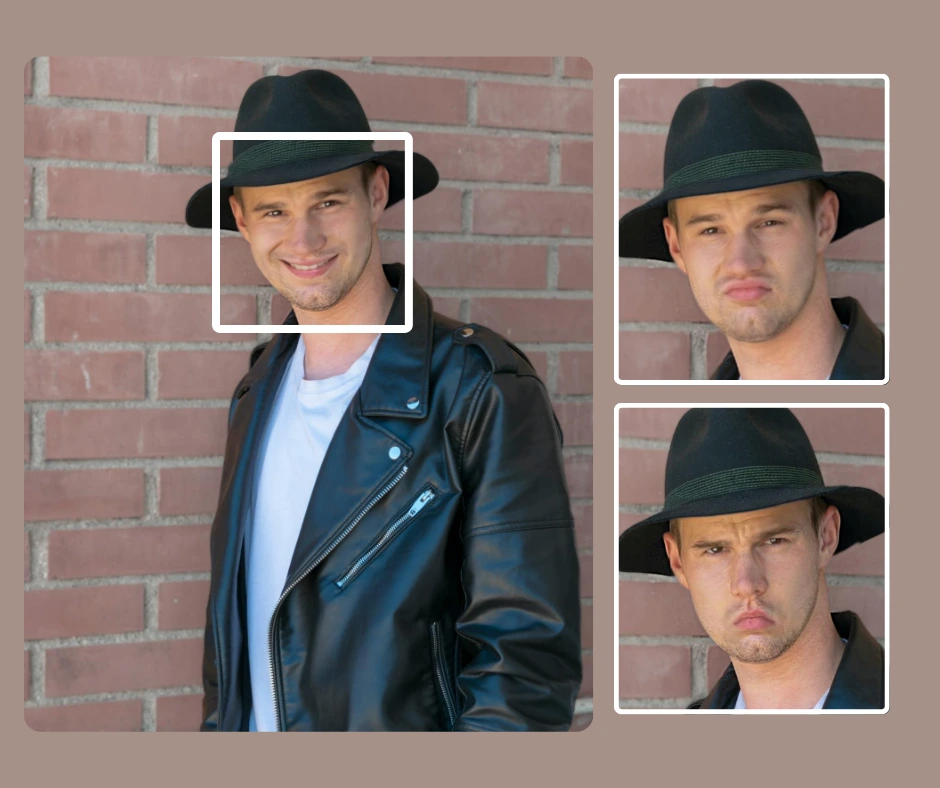 Portrait of a man dressed in a leather jacket and fedora-style hat, captured in soft lighting. Post-processing has been used to refine shadows and even out facial features using advanced AI editing.