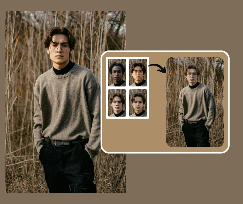 Aesthetic collection of AI-generated male avatars in brown clothing. Each avatar features distinct face shapes and expressions, showcasing how AI technology can tailor wardrobe suggestions for men based on facial structure analysis.