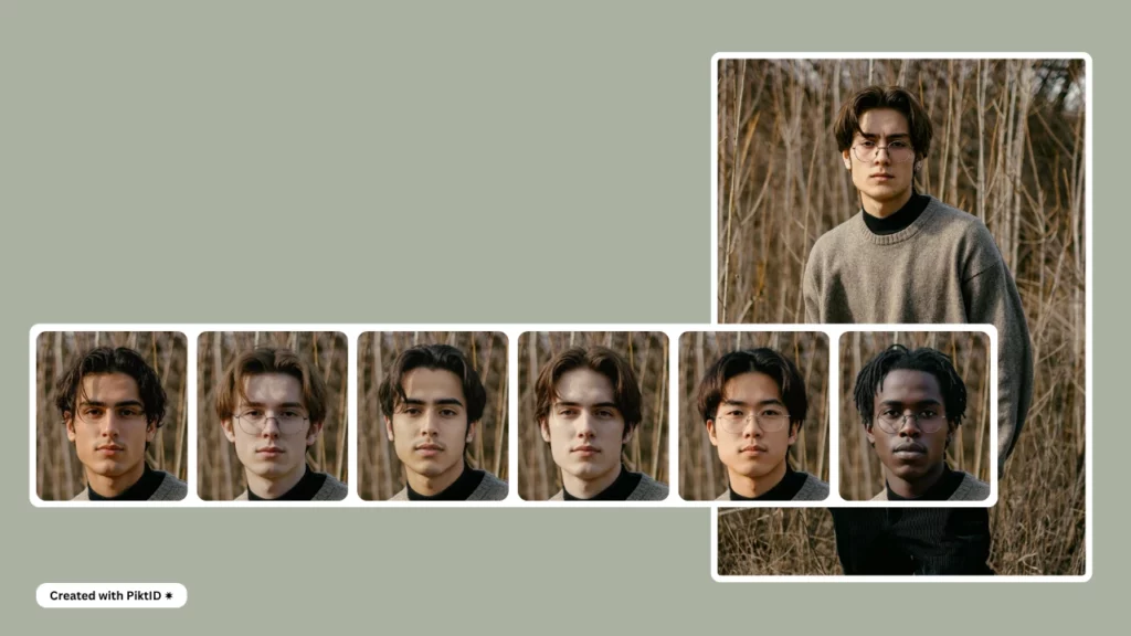 Photo album-style layout featuring an AI-generated man in various poses wearing a brown outfit. Designed to demonstrate how face shape AI can create a consistent and cohesive personal style guide across multiple virtual photos.