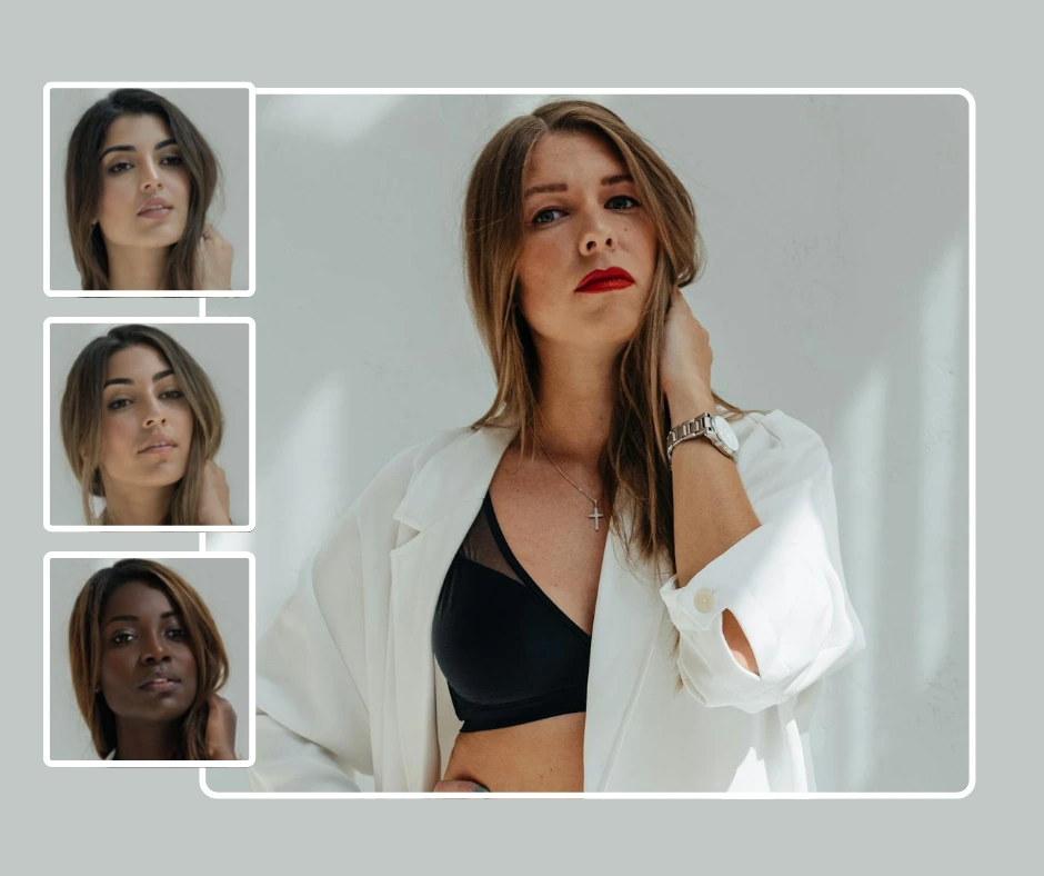 A split-screen image from the 'PiktID' app. On the left, a woman in a white blazer and black top poses indoors with her hand near her face. On the right, three smaller images show different face variations of the woman.