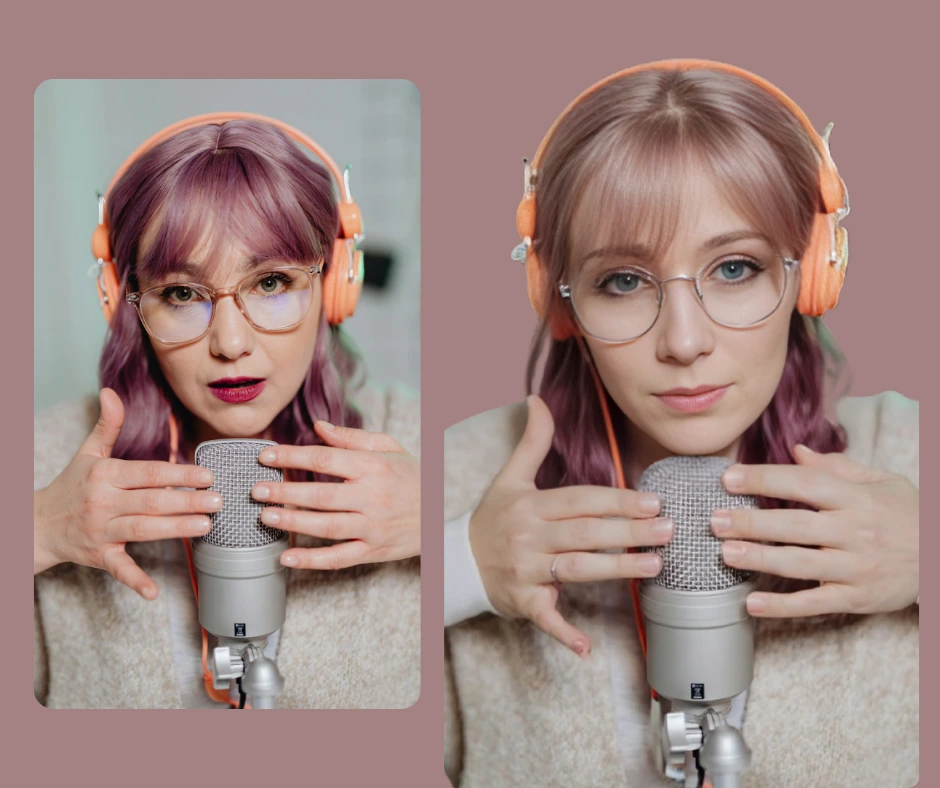 2 side by side comparison of a woman in orange headphones and holding a microphone