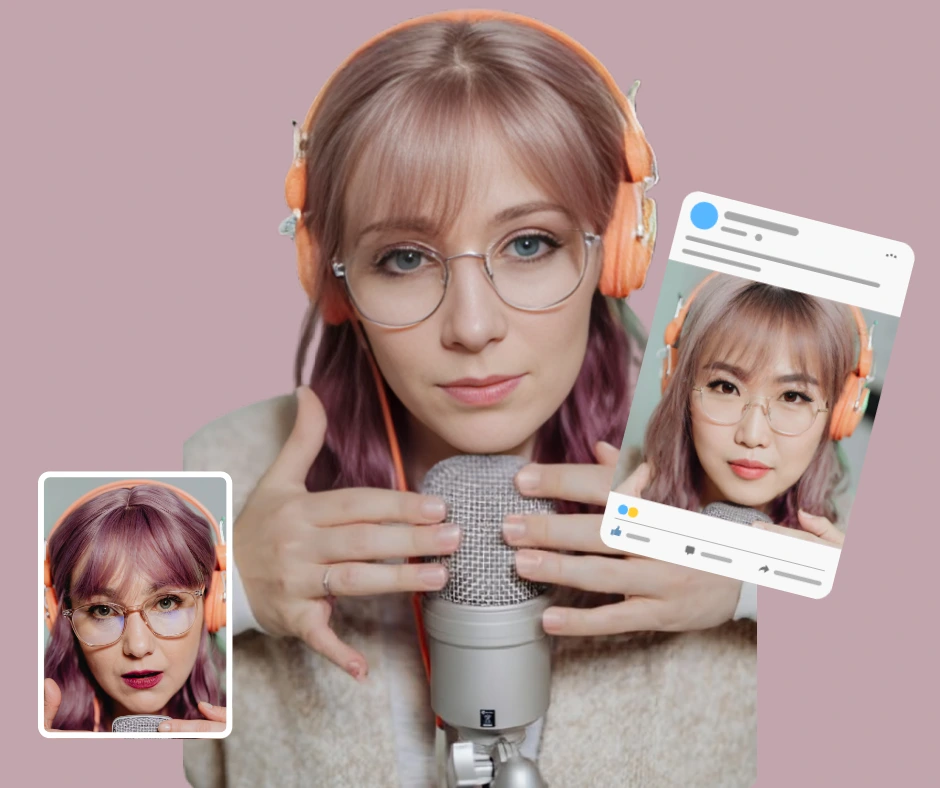 A young woman with transparent background in the middle and on the left the original image of a woman in purple hair and eyeglasses and on the right in a social media preset a woman from asian origin in the same outfit