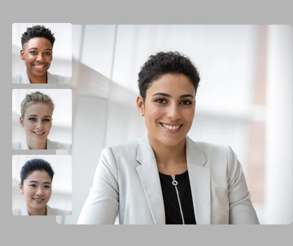 Three images on the left stacked on each other of women from different ethnicities and on the center a woman in short hair wearing a beige blazer