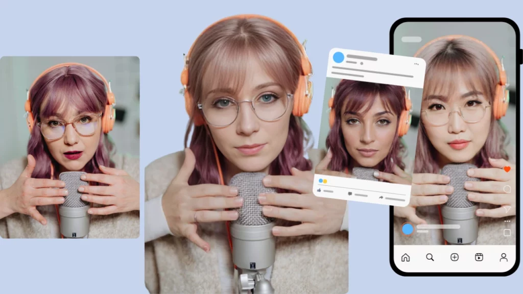 Using a social media preset on a guide about how to create ai model girl using PiktID of a young girl in purple hair and holding a microphone