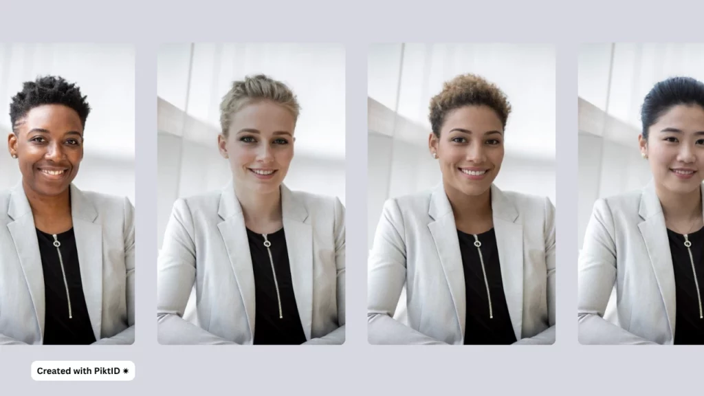 Four images side by side each other of women in different ethnicities in short hair wearing a beige jacket and black blouse with a chain